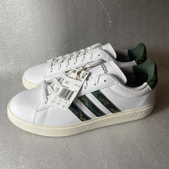 NIB adidas Grand Court 2.0 Men's 11.5 White Green Camo Casual Shoes GW7170 - Picture 2 of 9